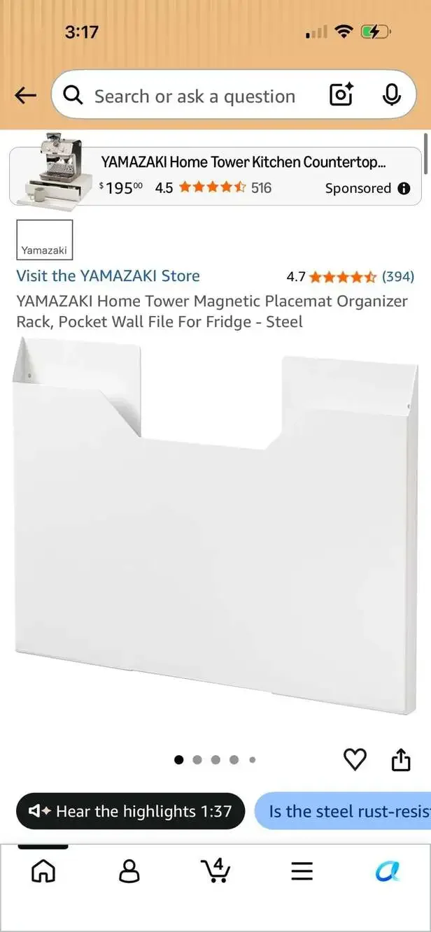Yamazaki Home Tower Magnetic Wide Placemat Organizer Rack
